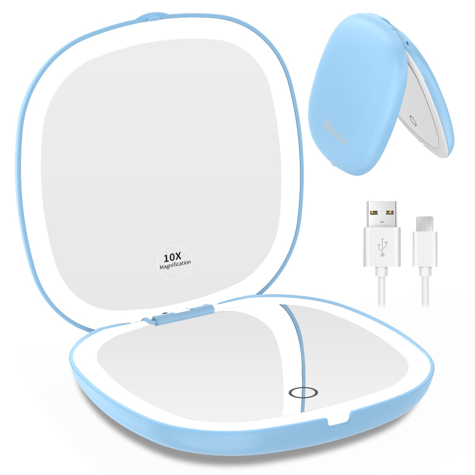 WOBSION Travel Mirror with Light for Makeup, 1x/10x Magnifying Compact Mirror for Handbag, 10cm Rechargeable Pocket Mirrors, 2-Side Dimmable Led Light up Mirrors, Handheld, Gifts for Women, Blue