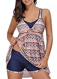 Aleumdr Womens Open Back Printed High-low Swimdress Tankini Swimsuits with Swim Shorts S - XXL
