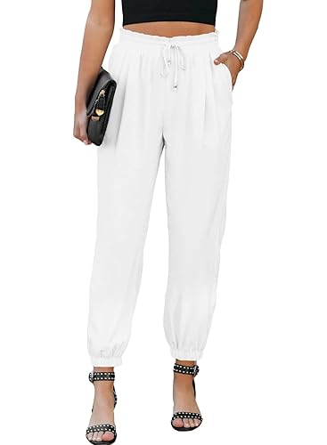 EVALESS White Linen Pants for Women Summer Drawstring Elastic High
