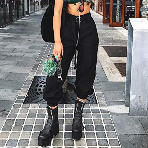 Harem Baggy Pants for Women,Teens Girls Casual Hip Hop Dance Jogging Sweat Pants Slacks Trousers with Pocket Chain (L, Black)