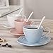 Eglaf Ceramic Coffee Tea Cup Set - 6 OZ Porcelain Embossed Tea Cup with Saucers Spoons Bracket - Set of 6 (Pink)