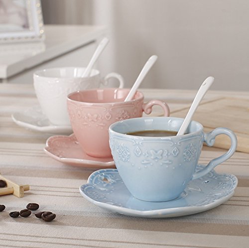 Eglaf Coffee Tea Cup Set Embossed Ceramic (Bone china) and Porcelain Saucers Spoon Bracket 6 - Piece Set (White)