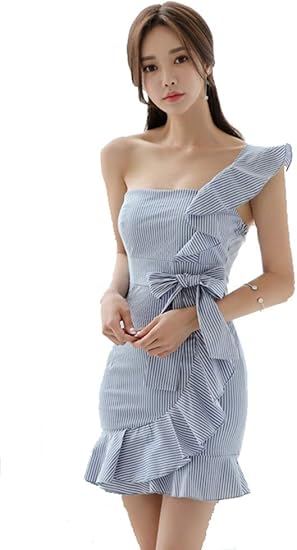 Amazon Co Jp Kimberley ワンピース ミニ M 水色 ストライプフリル ワンショルダー 柄 ラップ風 タイト 着痩せ セクシー ドレス 衣装 服 ファッション小物