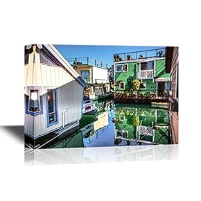 Watercolor Style Floating Home Village Green Brown Houseboats Fisherman