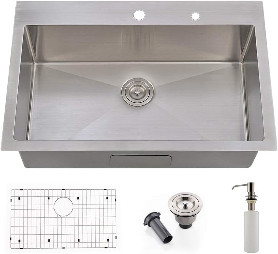 VOKIM 33 x 22 inch Topmount Kitchen Sink 16 Gauge Drop In Stainless Steel Single Bowl Deep Sink