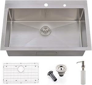 VOKIM 33 x 22 inch Topmount Kitchen Sink 16 Gauge Drop In Stainless Steel Single Bowl Deep Sink