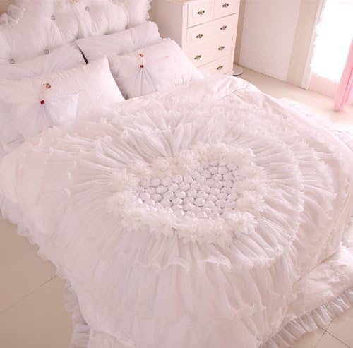FADFAY Home Textile,Korean Beautiful White Lace Ruffle Bedding Sets,Luxury Girls Wedding Bedding Set Queen Size,6Pcs