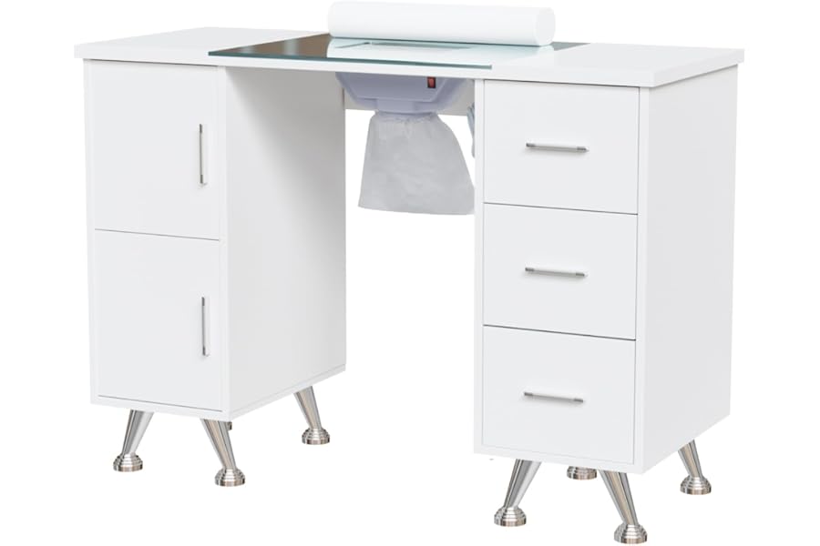 OmySalon Manicure Table Nail Desk for Nail Tech w/Glass Top & Wrist Rest, Beauty Salon Nail Supplies Decor Workstation Acetone Resistant w/2 Side Cabinet+3 Drawers, White
