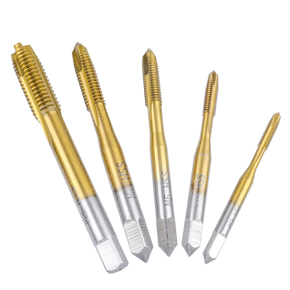 Mesee 5 Pieces Titanium Coated HSS Spiral Point Tap Set Thread Machine Taps Drill Bits M3 M4 M5 M6 M8 Metric Screw Thread Tapping Tool