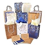 Christmas Gift Bags Bulk - Set of 16: 12 Assorted Medium Size Bags with Rope Handles + 2 Wine Bags + Tissue Paper + 12 Cards