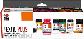 Marabu 1715000000087 - Textil plus Starter Set, volldeckende Stoffmalfarbe für dunkle Stoffe, auf Wasserbasis, waschbeständig bis 40°C, für Stoffmalerei und Stoffdruck, 6 x 15 ml Farbe und Pinsel