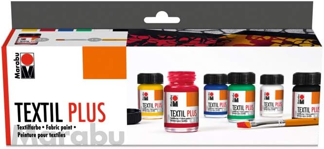Marabu 1715000000087 - Textil plus Starter Set, volldeckende Stoffmalfarbe für dunkle Stoffe, auf Wasserbasis, waschbeständig bis 40°C, für Stoffmalerei und Stoffdruck, 6 x 15 ml Farbe und Pinsel