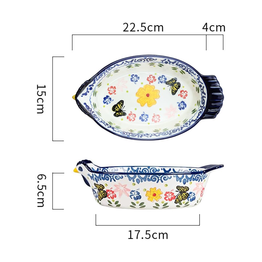 Vintage Butterfly and Flower Pattern Pie Pan, Chicken Shape Ceramic Bakeware Casserole Dish Baking Pan Bakers Lasagna Pans Soup Bowl Baking Dish for Oven to Table-Blue-25 OZ