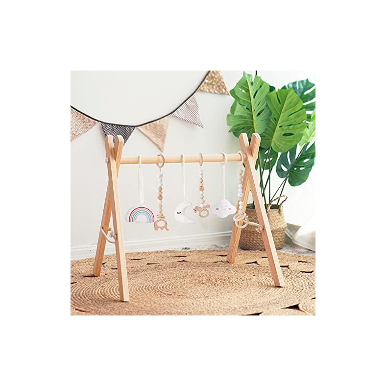 Mallify Wooden Baby Play Gym, Toddler Activity Center with 6 Hanging, Folding Hanging Bar, Pull Ring Toys, Easy to…