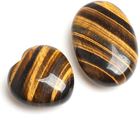 Hongjiantian Natural Tiger Eye Quartz Crystal Heart Figurine and Oval Palm Worry Stone 2pcs Mix Ornament