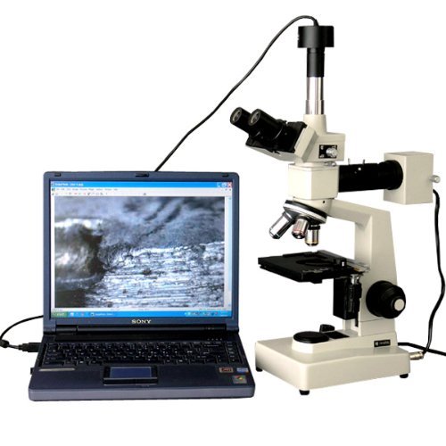 AmScope ME300TZA-8M Digital Episcopic Trinocular Metallurgical Microscope, WF10x and WF16x Eyepieces, 40X-1600X Magnification, 20W Halogen Illumination with Rheostat, Double-Layer Mechanical Stage, Sliding Head, High-Resolution Optics, Includes 8MP Camera
