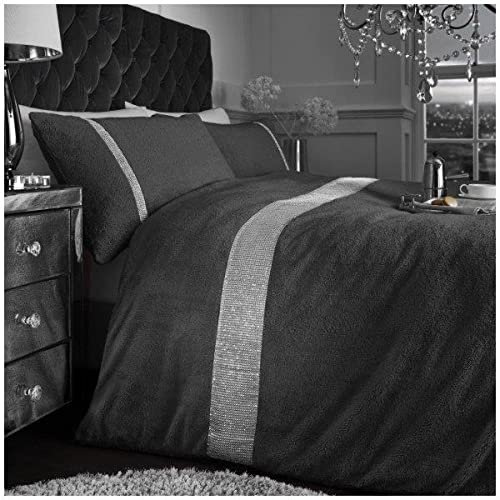 GC GAVENO CAVAILIA Luxurious Teddy Fleece Cosy Duvet Cover, Diamante Warm Bedding, Super Soft Sherpa Quilt Set, Polyester, Charcoal, King