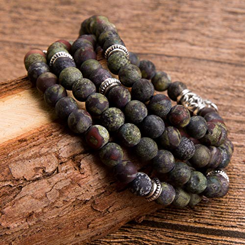 Bivei 108 Mala Beads Bracelet - Genuine Gemstone Mala Prayer Beads Lotus Charm Meditation Necklace (Bloodstone)
