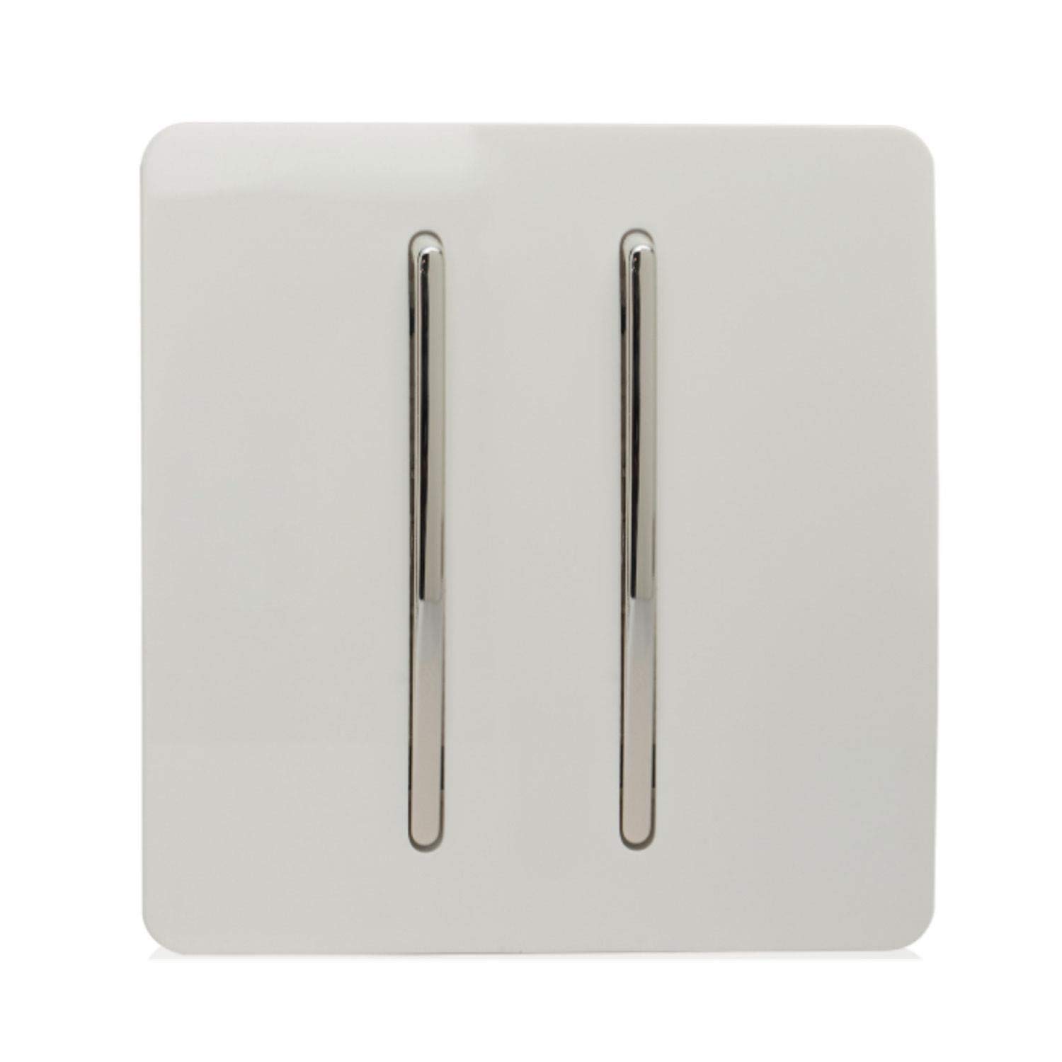 Trendi 2 Gang 3 way (Intermediate) 240V Screwless Raised Front Plate Plastic Artistic Modern Glossy 10 Amp Chrome Rocker Double Electrical Wall Light Switch Ice White - ART-SS99WH