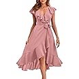 PRETTYGARDEN Women's 2025 Summer Wrap Midi Dress Casual Boho Deep V Neck Short Sleeve Ruffle Hem Split Beach Long Dresses