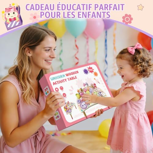 Fozcmisw Table d'Activité Montessori en Bois 10 en 1 Licorne dès 18 Mois | Manipuler, Trier, Tourner et écouter Aide la Motricité Fine Dans Les Jeux Quotidiens