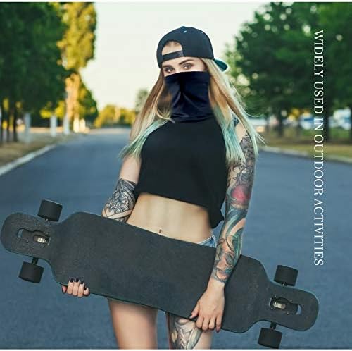 Colorful paisley print face and neck gaiter worn as a headband.