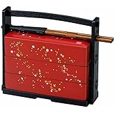 JapanBargain 1950, Japanese Lunch Bento Box Three Tiers with Chopsticks Traditional Plastic Lacquered Sakura Cherry Blossom Pattern Made in Japan