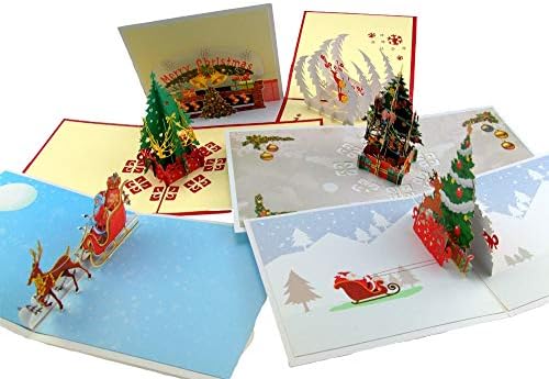 Pop Up Christmas Cards 3D (Pack of 5),Handmade Boxed Set of Assorted with Envelopes and Santa Claus Stickers for DIY