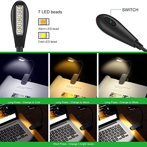 MINGER 7 LED Book Light Reading Light 9 Level Warm White & Cool Eye-Care Reading Lamp Rechargeable Easy Clip onï¼ŒUp to 60 Hoursï¼ŒLight for Books in Bed. Perfect for Bookworms & Kids