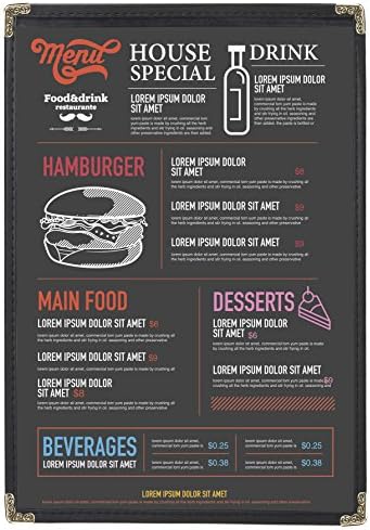 50 Better Quality Menu Covers #3119 Black Single Panel - 2-View - 8.5" Wide x 14" Tall - Double-Stitched Leatherette Vinyl Sewn Edge. Gold Metal Corners. See More: Type MenuCoverMan in Amazon Search.