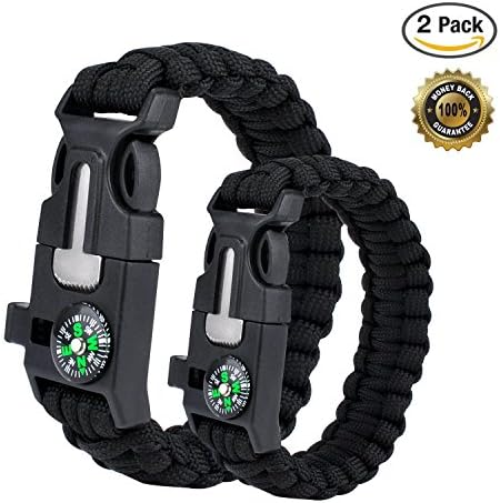 2PCS Survival Bracelet, Outdoor Survival Paracord Bracelet Kit with Compass, Whistle, Knife, Flint Fire Starter for Camping Hiking Fishing Running