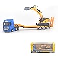 Flatbed Truck Trailer Vehicles Toys Heavy Duty Tractor Flat Trailer Transport Semi Trailer Tractor Truck w/ Excavator Tractor Metal Construction Vehicle Models Toys for Kids (Flattrailer Excavator)