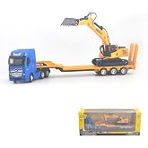 Flattrailer Heavy Duty Semi Trailer Tractor Truck w/ Excavator - Metal Construction Vehicle Toy for Kids