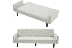 Setawix Linen Upholstered Futon Sofa Bed Modern Convertible Sleeper Sofa Couch for Living Room 74" Tufted 3 Seater Sofa Futons for Bedroom,Guest,Office,Dorm and Small Spaces (Beige)