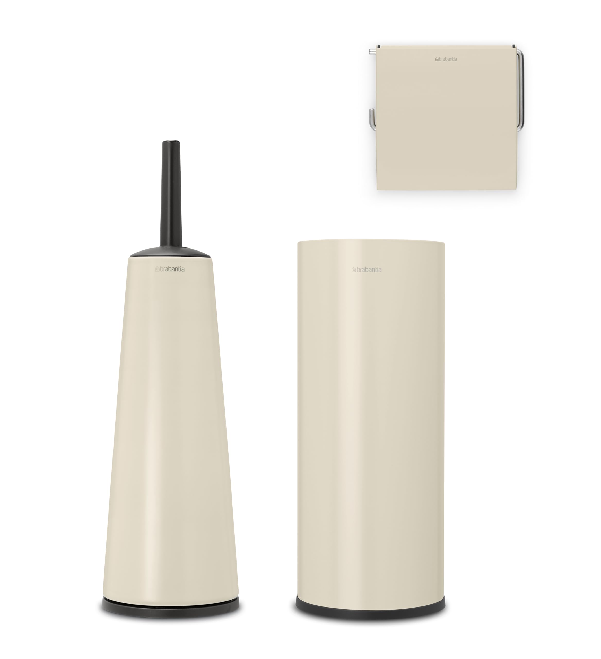 Brabantia - ReNew Toilet Accessory Set - Toilet Brush & Holder, Roll Holder & Roll Dispenser - Hygienic Brush - Corrosion Resistant - Fixing Materials Included - Bathroom Set of 3 - Soft Beige