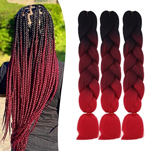 Cybelleza 24inch Braiding Hair Extensions for Braiding Ombre Jumbo Braiding Synthetic Hair 3PCS 300g Crochet Hair Box Braids for Women Braiding (Black & Wine Red & Red) โ image 1