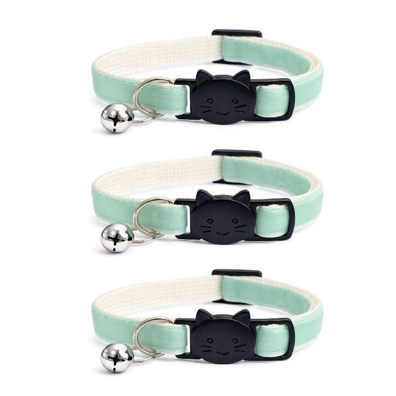 Velvet Cat Collars with Bell. Safe Breakaway Quick Release Buckle. Available in Cat & Kitten Size (Pack of 3) (Cat Collar (20cm - 30cm), Mint Green Velvet (Pack of 3))