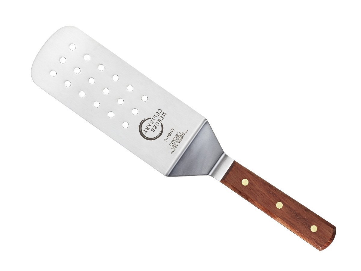 Mercer Culinary Praxis 8 x 3-Inch Perforated Turner, Wood Handle, Stainless Steel, 38x10x3 cm, Brown