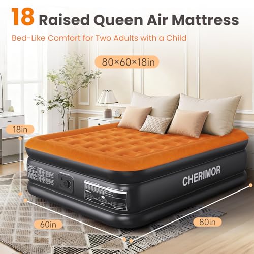 CHERIMOR Queen Air Mattress with Built-in Pump, Stable Edge Design, 48-Hour Leak-Tested Durable PVC, Supports up to 800 lbs, 3-Min Fast Inflation, Portable Inflatable Bed for Home Guests & Camping