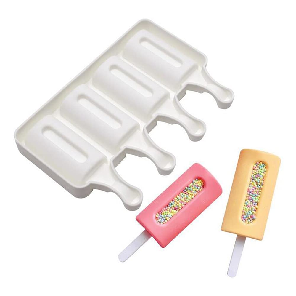 Silicone Ice Cream Maker Pop Mould Ice Lolly Mould DIY Kitchen Tool with 50 Pieces Wooden Ice Lolly Sticks, 4 Holes Sandwich Rectangle