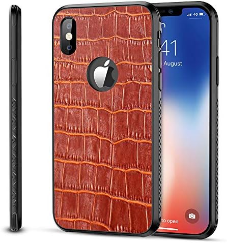 OCUBE iPhone X Leather Case, iPhone 10 Genuine Leather Cover Case[Support Wireless Charger] Ultra Thin Silm with Crocodile Pattern Shockproof Anti-Scratch Protective Case for iPhone X 5.8" -Browm
