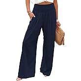 loveimgs Women's Boho Cotton Linen Wide Leg Lounge Pants Elastic Waist Beach Palazzo with Pocket