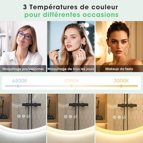 S'bagno Round Bathroom Mirror 70 cm, Bathroom Mirror with Lighting and Bluetooth, Anti-Fog, 3000K-6500K, Dimmable, HD Tempered Glass, IP44 LED Bathroom Mirror with Memory
