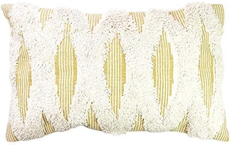 Decoration Throw Pillow Covers Boho Woven Tufted Yellow Stripe Lumbar Pillowcase Elegant Pillow Sham Cushion Case for Couch, 12 x 20 Inch