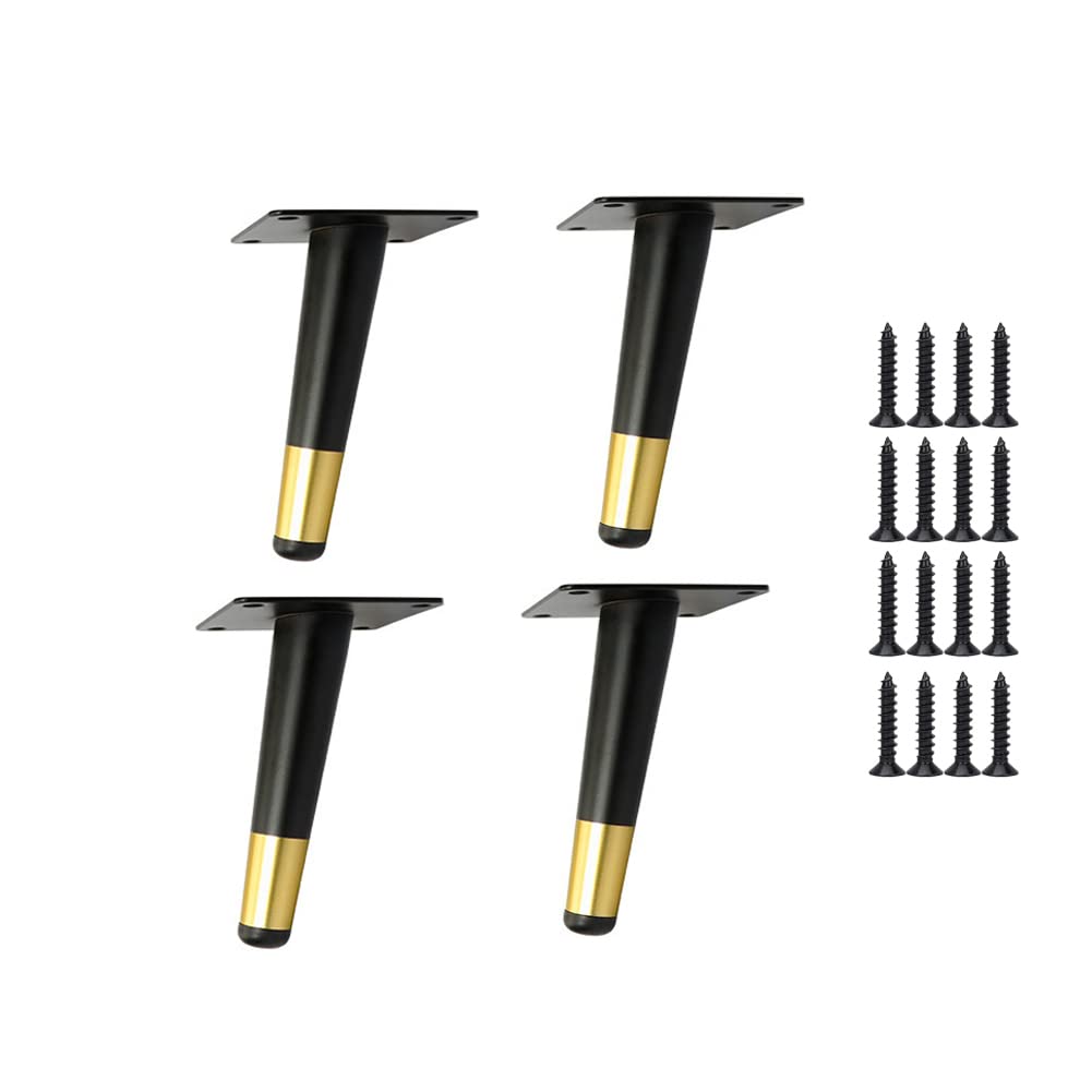 Lokatall 4 Inch Furniture Legs Sofa Legs, 4 Pack Modern Metal Cabinet Legs Heavy Duty Replacement Furniture Feet Angled Tapered Bed Legs for Sofa Closet Cupboard Bed Ottoman Coffee Table (Black+Gold)