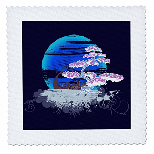 3dRose qs_152477_4 Asian Purple Tree on a Bright Blue Moon-Quilt Square, 12 by…