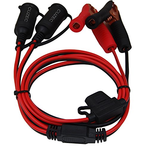CUZEC 5.7ft/1.75m 16 AWG Extension Cord Dual Plug Socket with Battery Clamp 12V/24V Battery Clip-On and Cigarette Lighter Adapter (CU10112)