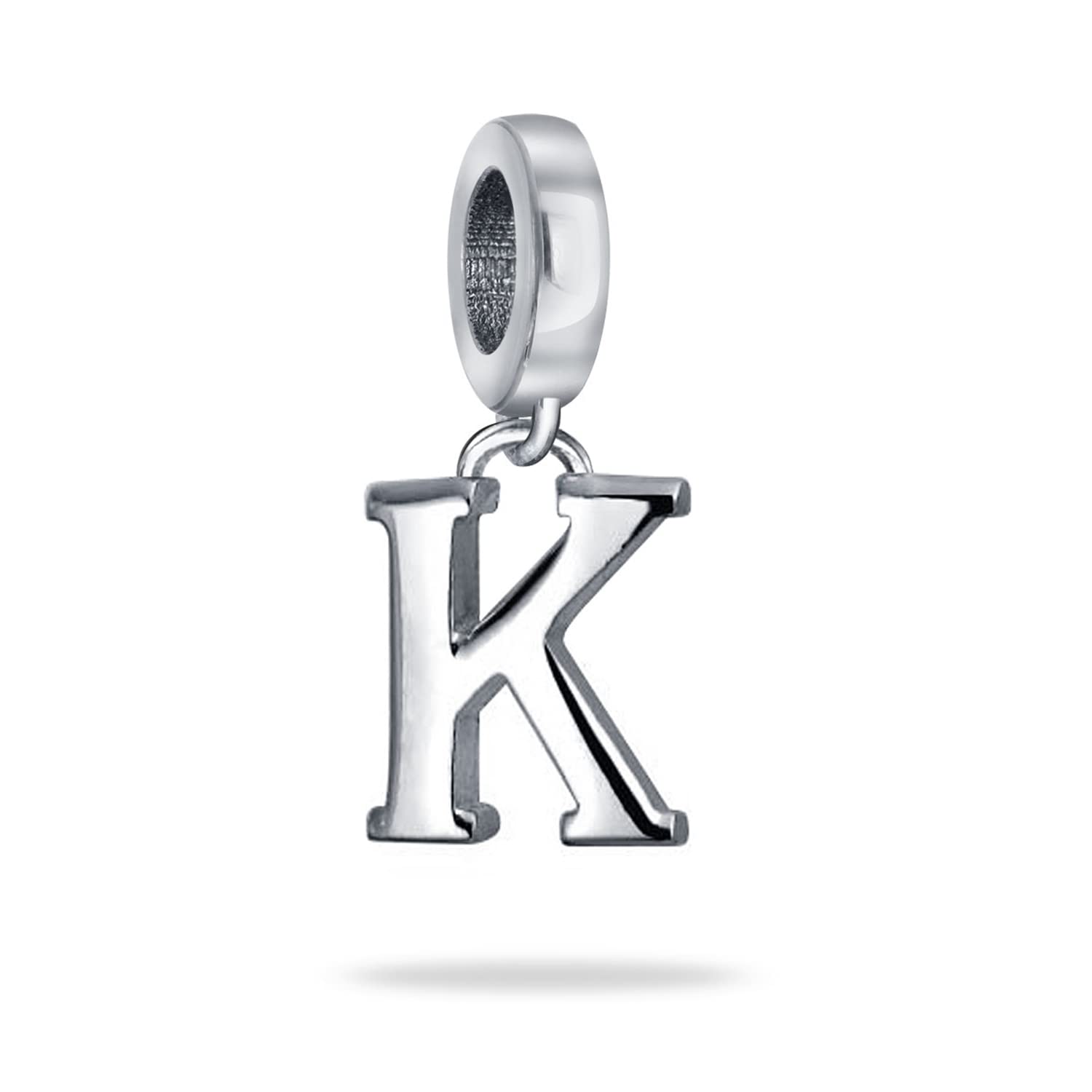 Bling Jewelry Personalized Gift Block Letter K Alphabet Initial Dangle Charm Bead For Women For Teen .925 Sterling Silver For European Bracelet