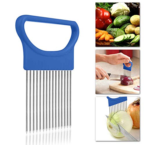 Wffo Tomato Onion Vegetables Slicer Cutting Aid Holder Guide Slicing Cutter Safe Fork (Blue)