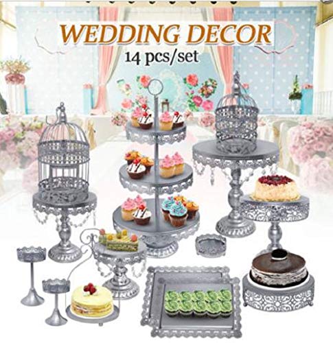 Cupcake Stands, 14 Set Metal Crystal Cake Holder Cupcake Stand Cake Dessert Holder with Pendants and Beads,Wedding Birthday Dessert Cupcake Pedestal Display, Silver USA STOCK (14, Silver)